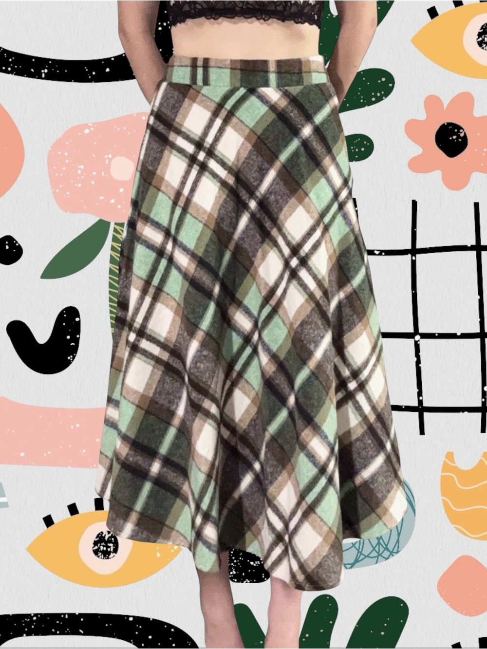 Green Plaid High Waisted Midi Skirt with Pockets